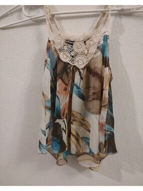 BEWARE! Womens Multi-color Sleeveless Top Biege Lace Detail Med Sheer Made USA